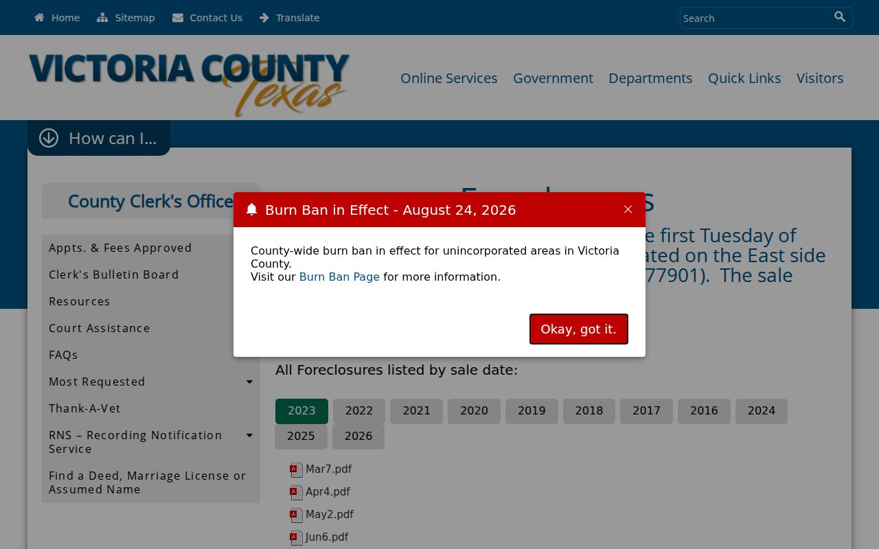 Victoria previous residents foreclosure records and county sale source